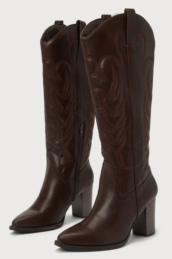 Aden Choco Brown Pointed-Toe Knee-High Western Boots | Lulus (US)