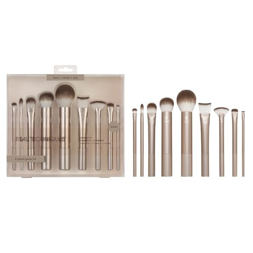 Real Techniques 9 Piece Au Naturale Makeup Brush Set, For Liquid, Cream, & Powder Eyeshadow, Foundation, Blush, Bronzer & Contour, Travel Friendly Brushes, Gift Set, Cruelty-Free Bristles | Amazon (US)
