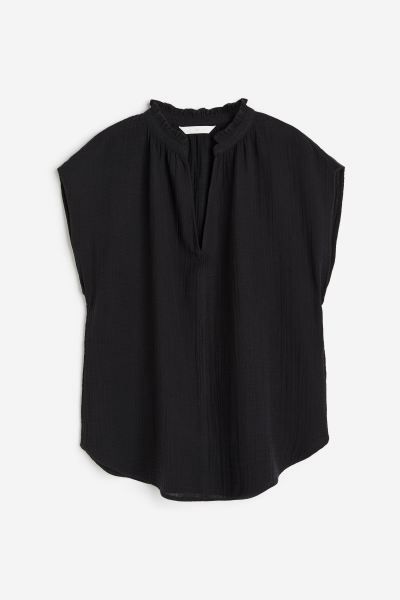 Frill-trimmed cotton blouse - Round neck - Short sleeve - Black - Ladies | H&M GB | H&M (UK, MY, IN, SG, PH, TW, HK)
