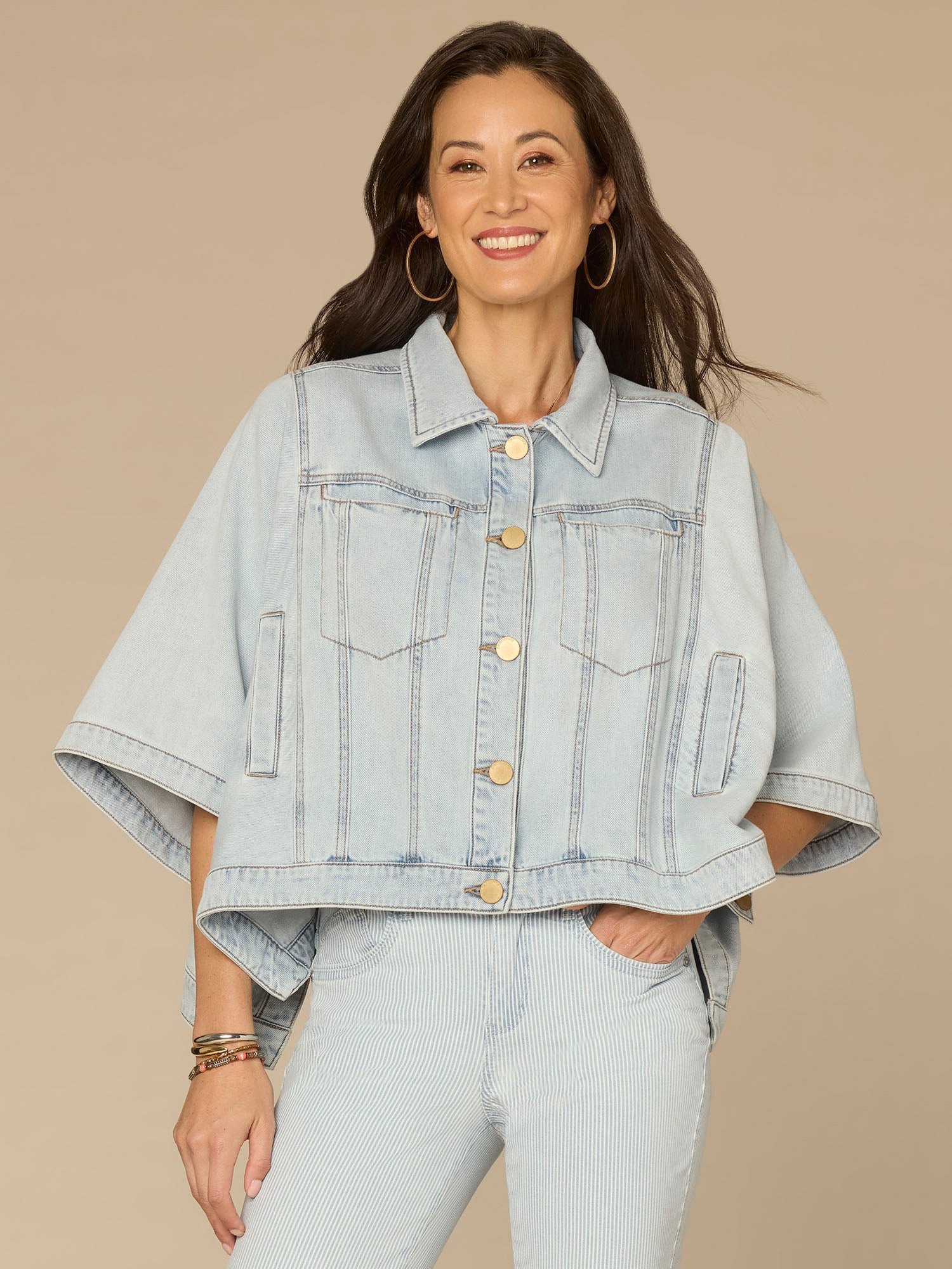Open Sleeve Collared Button Down Denim Capelet with Welt Pockets | Democracy Clothing