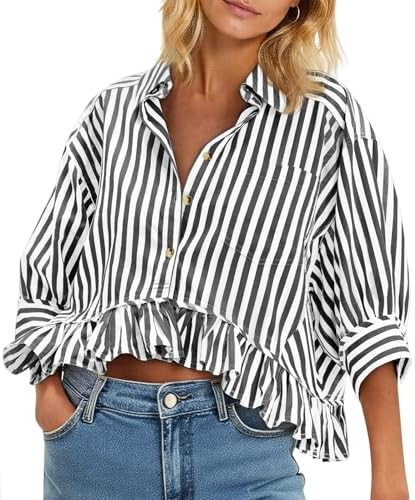 Cicy Bell Womens Cropped Striped Button Down Shirts Ruffle 3/4 Length Sleeve Summer Tops Dressy C... | Amazon (US)