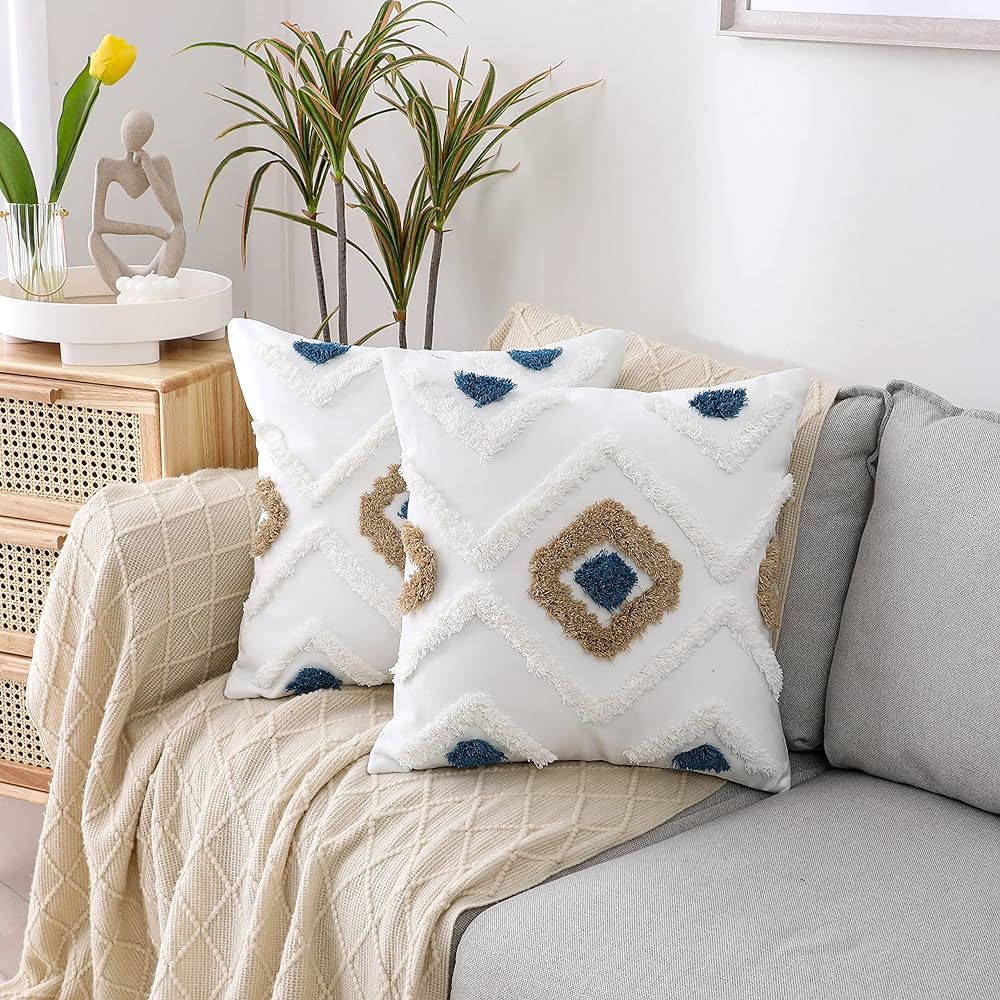 Plweaver Boho Throw Pillow Cover 18x18 Inch Pack of 2, Moroccan Tufted Decorative White Soft Fabr... | Amazon (US)