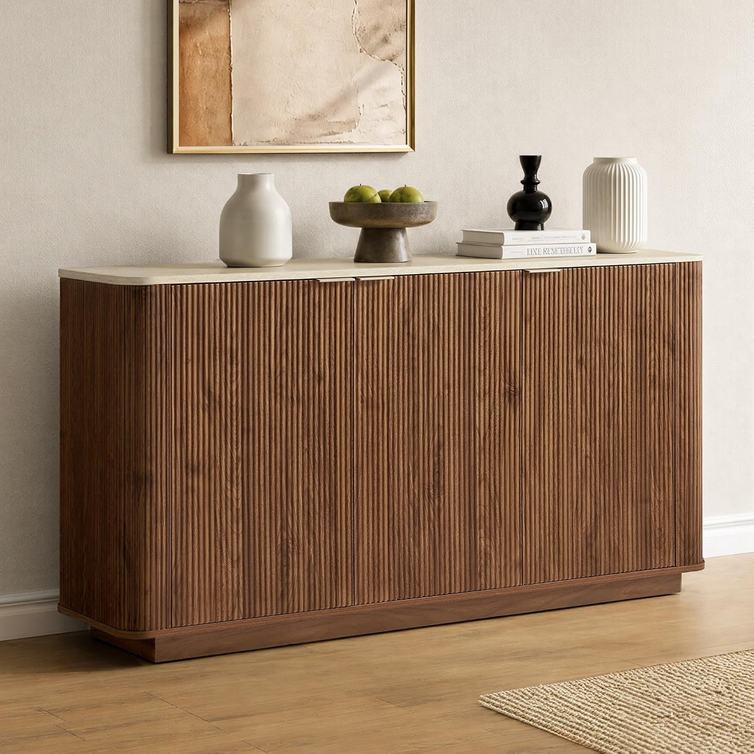 KISLOT 55" Fluted Buffet Sideboard with Storage Cabinet, Walnut | Amazon (US)