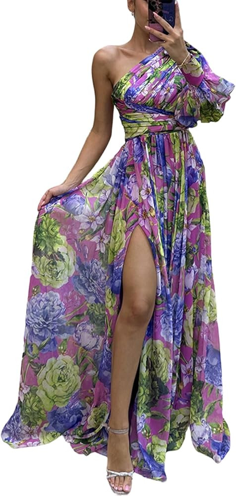 CHICME Womens Holiday Maxi Dress Lantern Sleeve One Shoulder High Slit Floral Maxi Dress | Amazon (US)