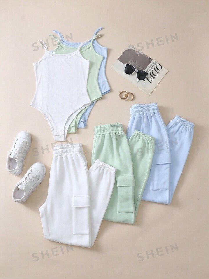 3pcs Cami Bodysuit & 3pcs Flap Pocket Sweatpants | SHEIN