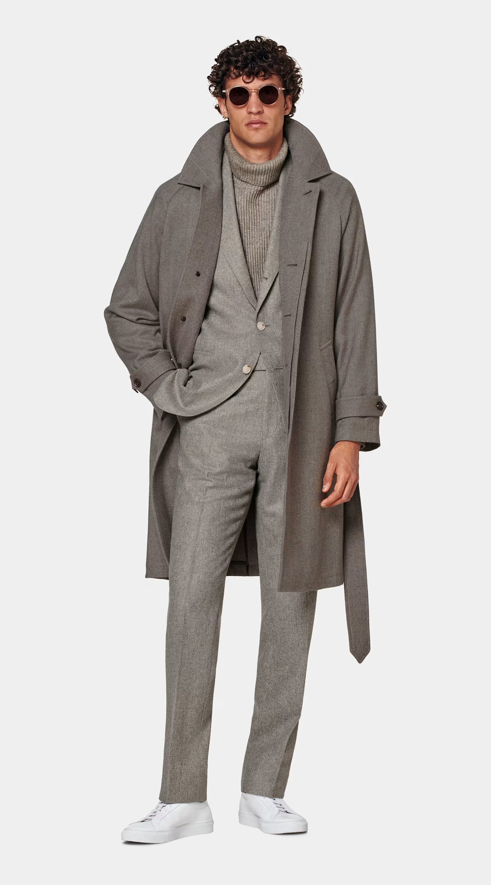 Mantel taupe Fischgrätmuster Gürtel | SuitSupply (DE)