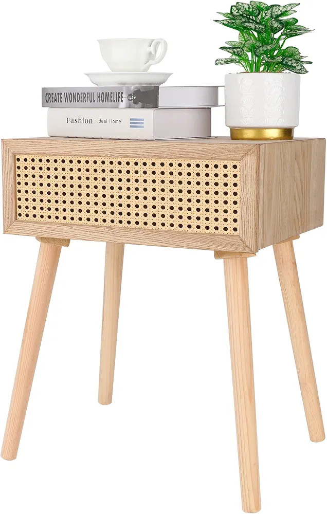 Rattan Nightstand with Drawer, Bedside Table, End Table with Storage, Modern Boho Nightstands, Mi... | Amazon (US)