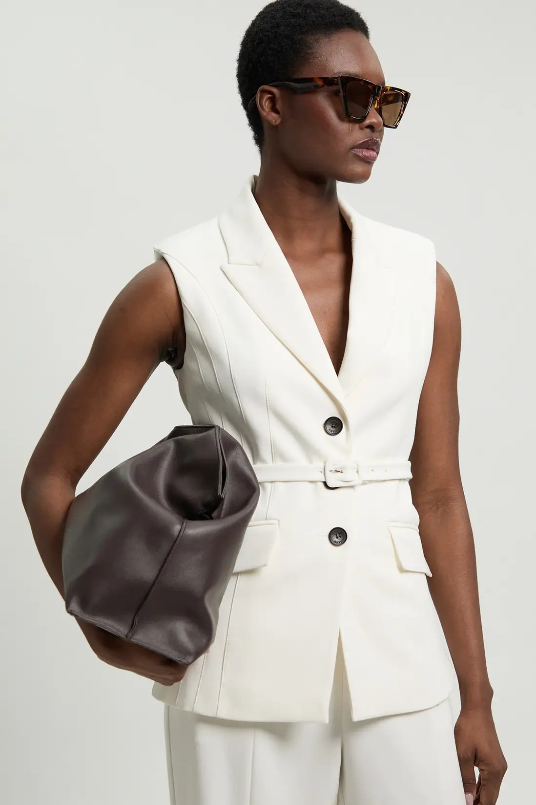 Petite Tailored Structured Crepe Belted Sleeveless Blazer | Karen Millen