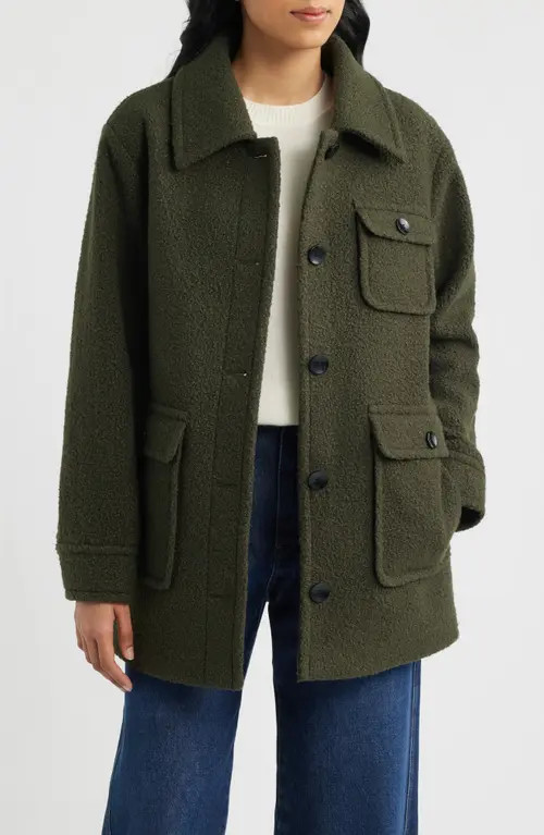 Bernardo Bouclé Shirt Jacket in Military Green at Nordstrom, Size X-Small | Nordstrom