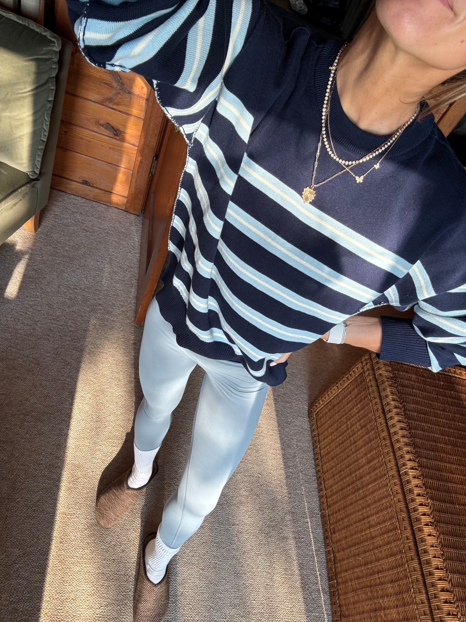 Vuori light blue all the feels set - wearing XS 
Le bop navy/light blue sweater 
Rothy clogs 