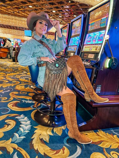 Suede tall brown cream tan camel cowgirl boots - cowboy boots A cowboy hat - fringe purse - denim romper - rodeo 

#LTKstyletip #LTKfindsunder100 #LTKfindsunder50