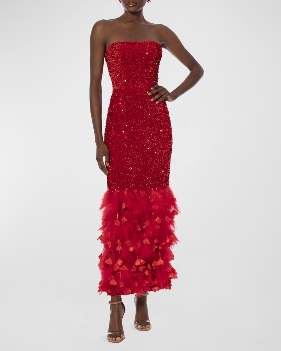 HELSI Scarlett Strapless Sequin Feather-Trim Gown | Neiman Marcus