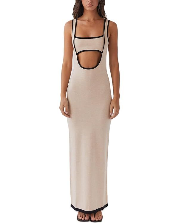 Bodycon Knit Maxi Dress for Women Cutout Backless Tank Dress Sleeveless U Neck Ribbed Dress Long ... | Amazon (US)