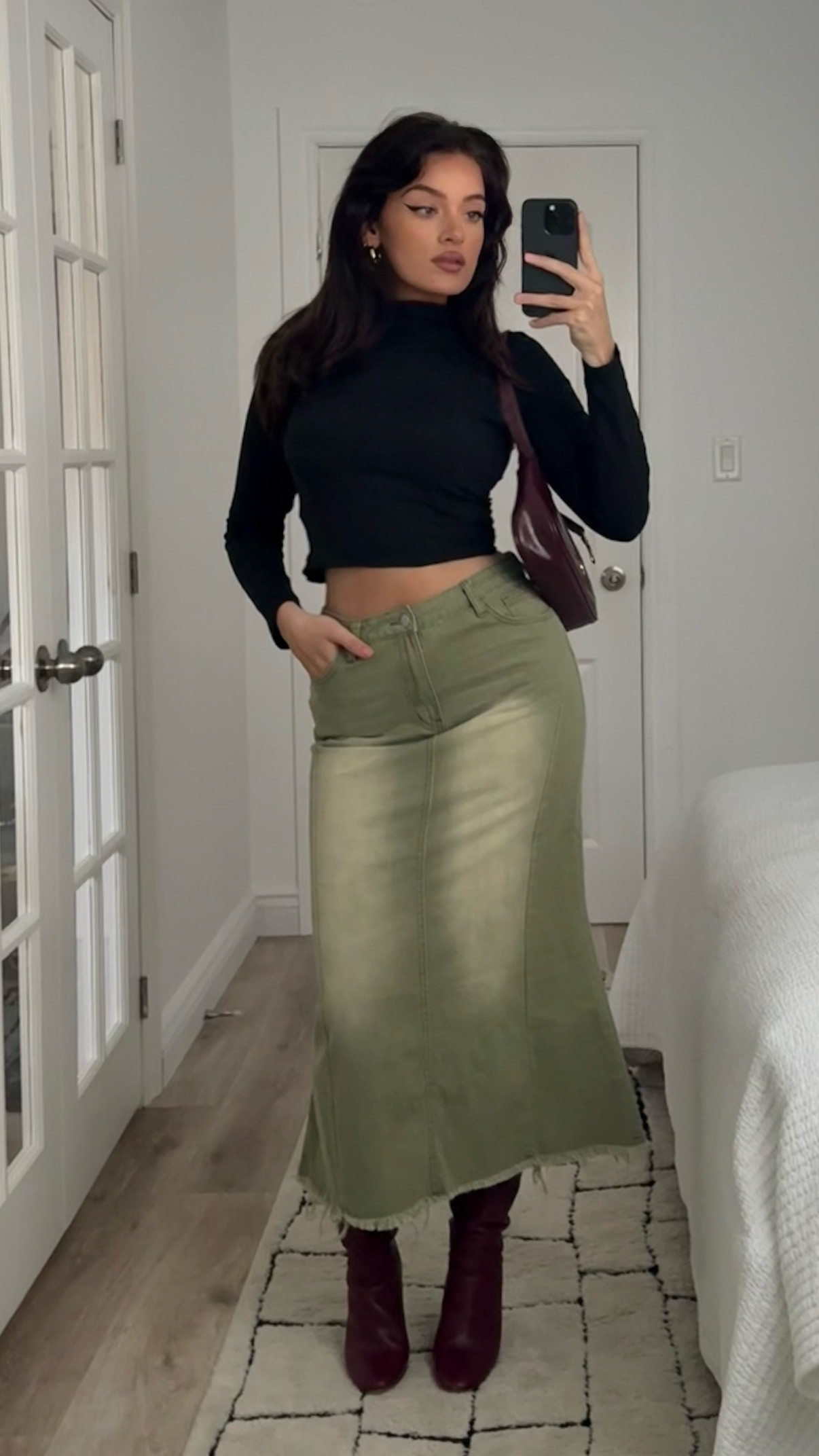 a pinterest recreation with a green denim midi skirt, black turtleneck and burgundy boots! so perfect for a fall/winter day  

 #LTKGiftGuide #LTKHoliday #LTKootd