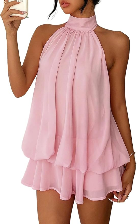 Famnbro Women Chiffon Dress Sleeveless Halter Neck Backless Ruffle Flowy Mini Sexy Summer Party W... | Amazon (US)