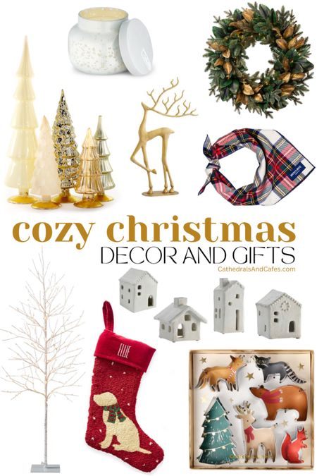 A collection of cozy Christmas decorations and holiday gifts including mercury glass Christmas trees, magnolia leaf wreath, candle, gold reindeer, plaid dog bandana (can’t link), LED birch Christmas tree, Christmas village houses, dog stocking, and holiday animals Christmas cookie cutters!



#LTKGiftGuide #LTKSeasonal #LTKHoliday