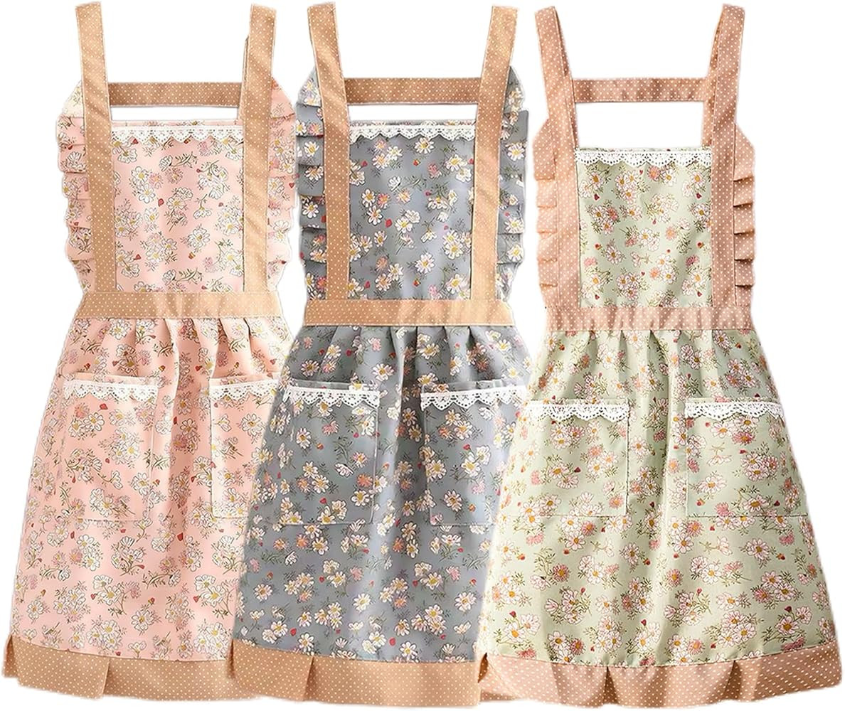 3 Pieces Aprons for Women with Pockets, Floral Kitchen Cooking Aprons,Waterproof Resistant Cotton... | Amazon (US)