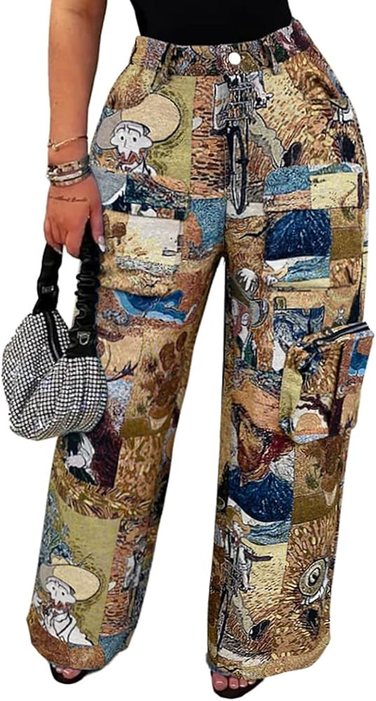 Angsuttc Cargo Pants Women High Waisted Wide Leg Trousers Patchwork Art Print Streetwear with Mul... | Amazon (US)