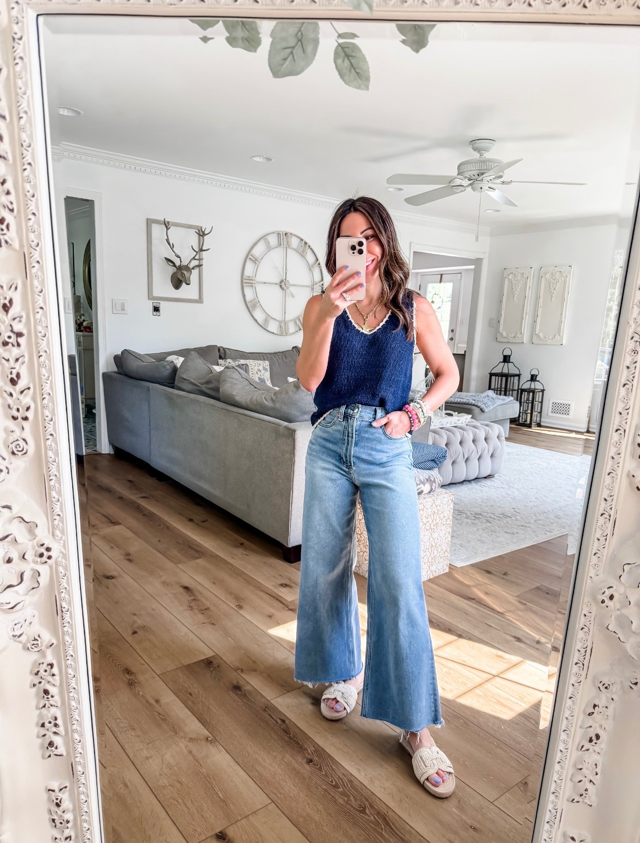 Shopbop code EXTRA10. Jewelry code SUMMER. Wide leg jeans I size up to a 26. Tank small. Sandals TTS. ￼

#LTKSaleAlert #LTKOver40 #LTKPetite