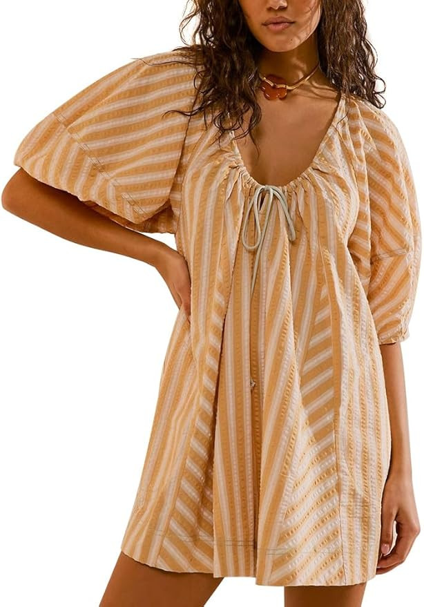 Women Casual Striped Summer Rompers Adjustable Neck Wide Leg Puff Sleeve Jumpsuits with Pockets | Amazon (US)