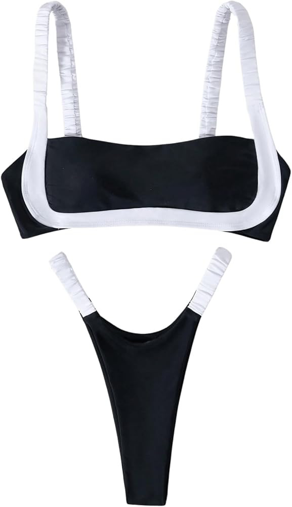 SHENHE Women's Square Neck High Cut Cheeky Bikini Set Contrast Binding Sexy 2 Piece Swimsuit Bath... | Amazon (US)