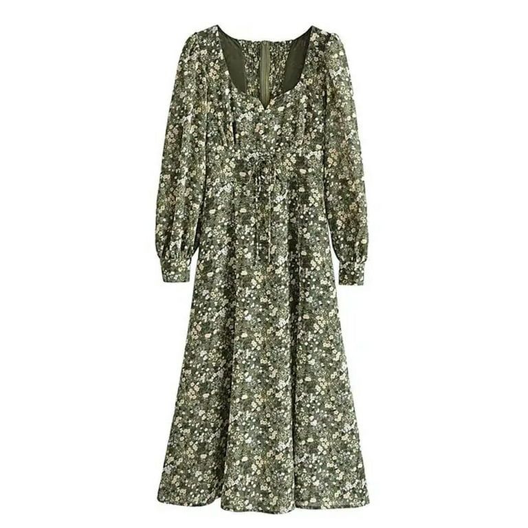 New Spring Women's Vintage Floral Chiffon Dress Long Sleeve Stand Collar Slit Prairie Dress Ladie... | Walmart (US)