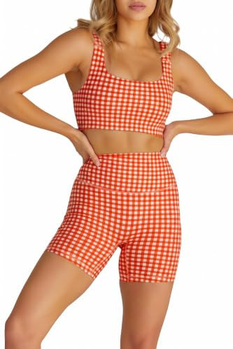 Womens Gingham Workout Sets 2 Piece Sets Summer Outfits Athletic Sports Bra High Waist Shorts Sets Matching Activewear Sets (Red, X-Small) | Amazon (US)