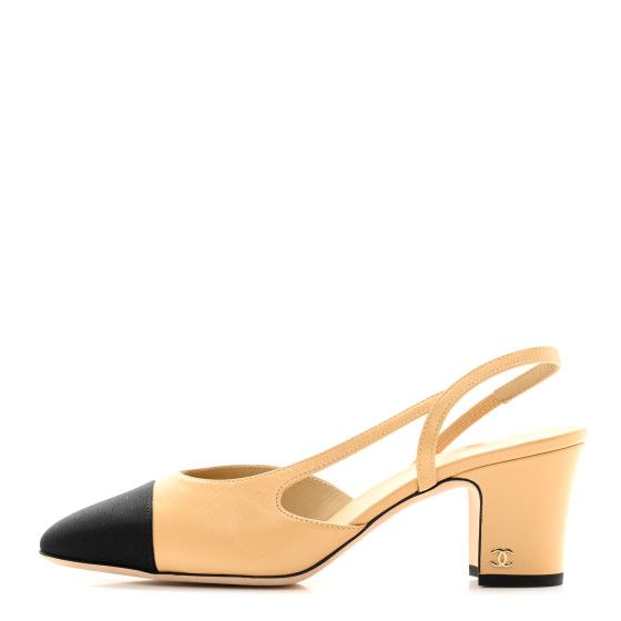 CHANEL Goatskin Grosgrain Cap Toe CC Slingback Pumps 38 Beige Black | FASHIONPHILE (US)