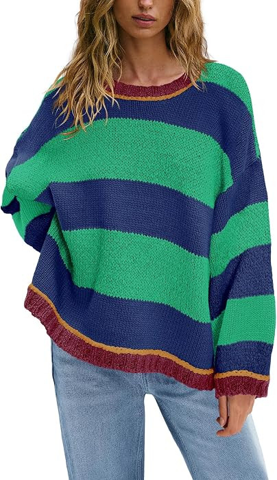 Nirovien Womens Oversized Sweater Colorblock Striped Sweater Chunky Cable Knit Crewneck Pullover ... | Amazon (US)