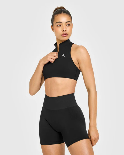 EasyLift™ Zip High Neck Sports Bra with White Logo 
 Black | Oner Active (UK / US)