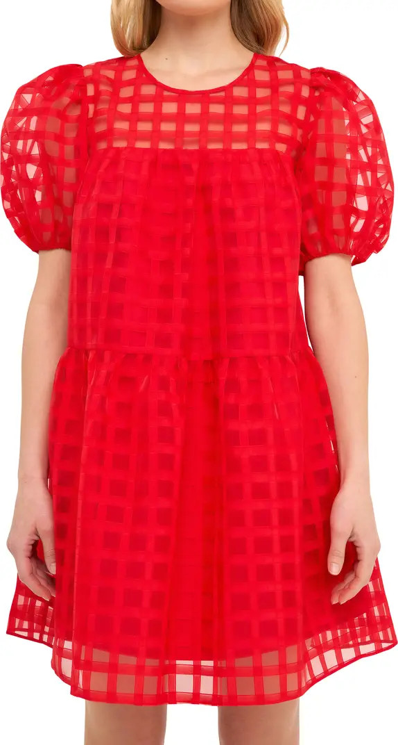 Gridded Puff Sleeve Dress | Nordstrom