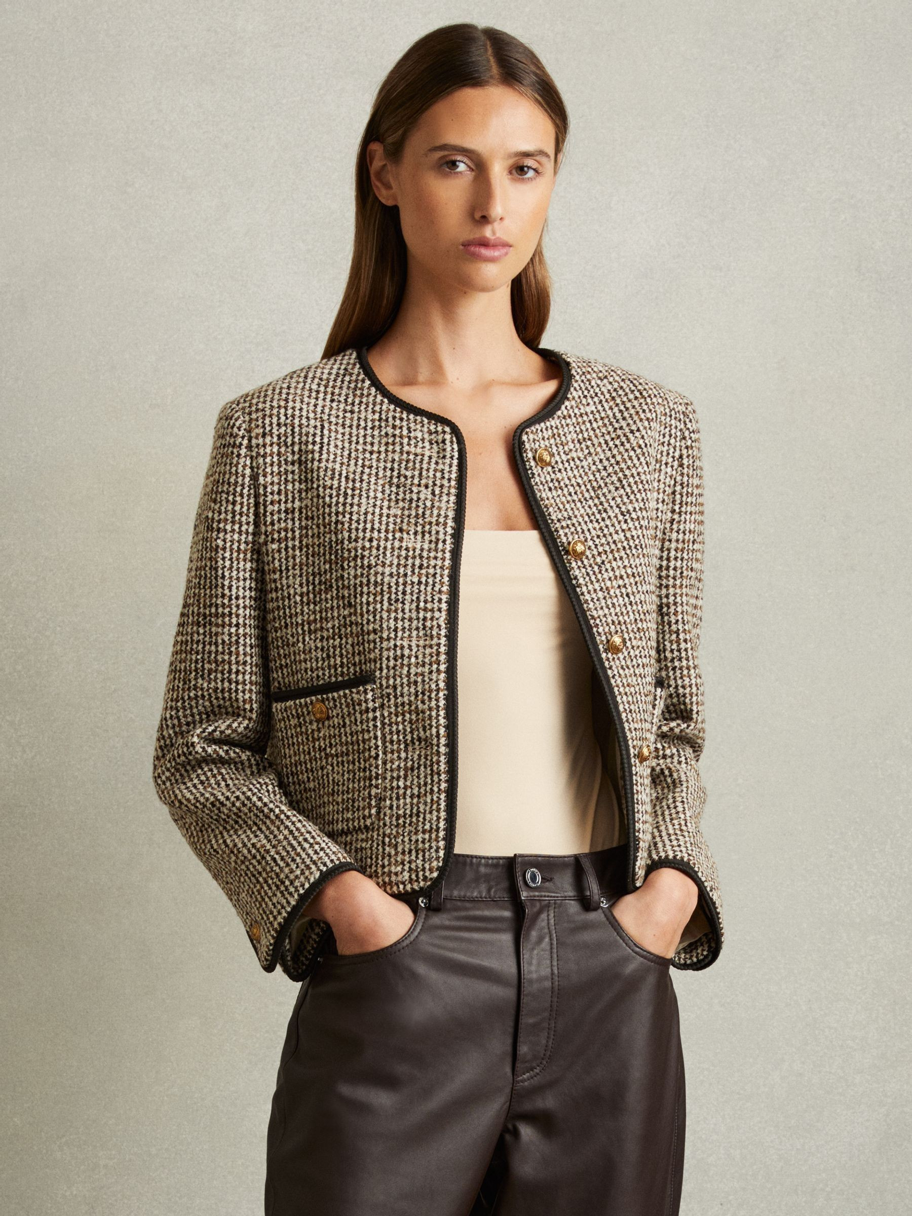 Cropped Wool Blend Tweed Jacket in Brown | Reiss UK