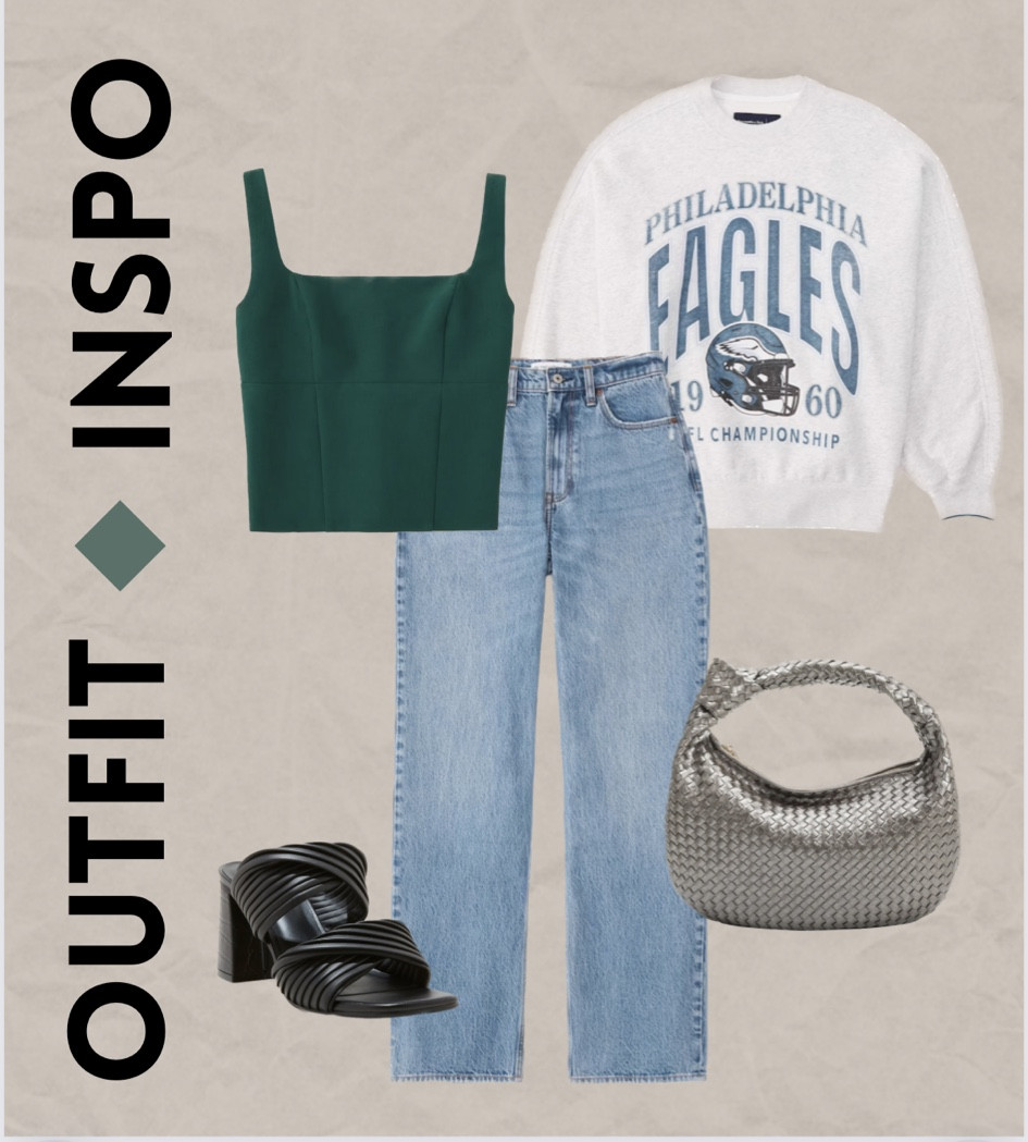 Game day vibes 
Eagles, mama style, outfit inspo, game day inspo, black heels, target sandals, woven handbag, Abercrombie, baggy jeans, graphic sweater, sports team 

#LTKFind #LTKitbag #LTKstyletip