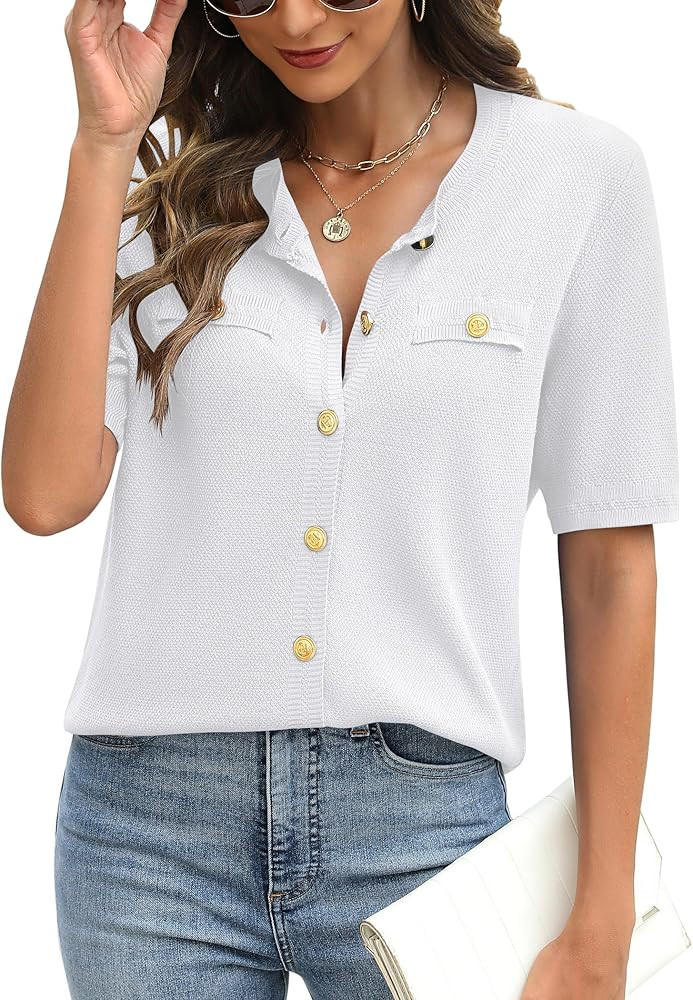 Zeagoo Womens Summer Tops Button Down Shirts Short Sleeve Cardigans Dressy Casual Crew Neck Knit ... | Amazon (CA)