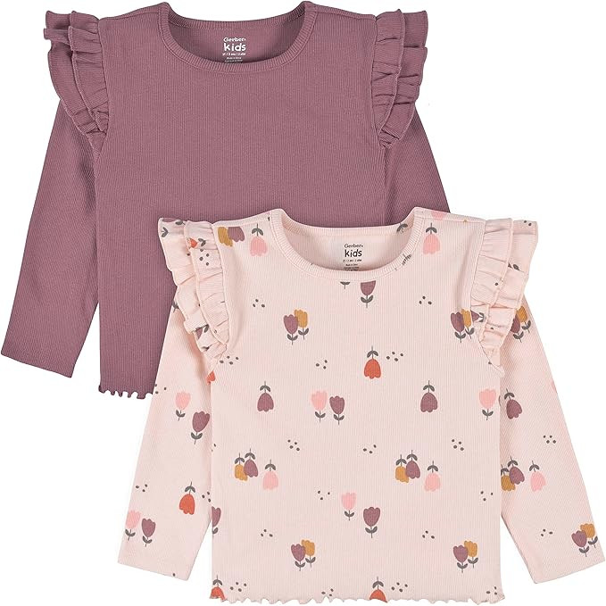 Gerber Baby-Girls Toddler 2-Pack Double Ruffle Long Sleeve Tops | Amazon (US)