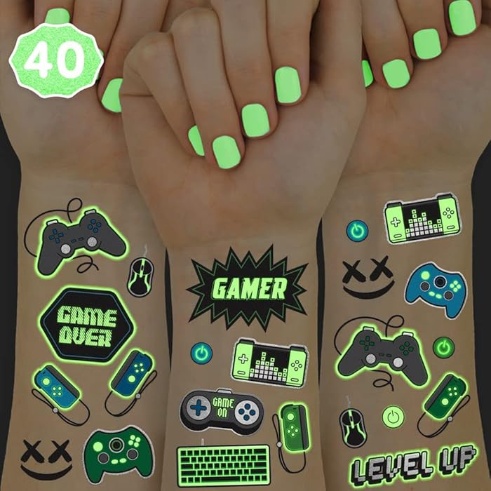 xo, Fetti Video Game Party Supplies Temporary Tattoos - 40 Glow in the Dark Styles | Videogame Bi... | Amazon (US)