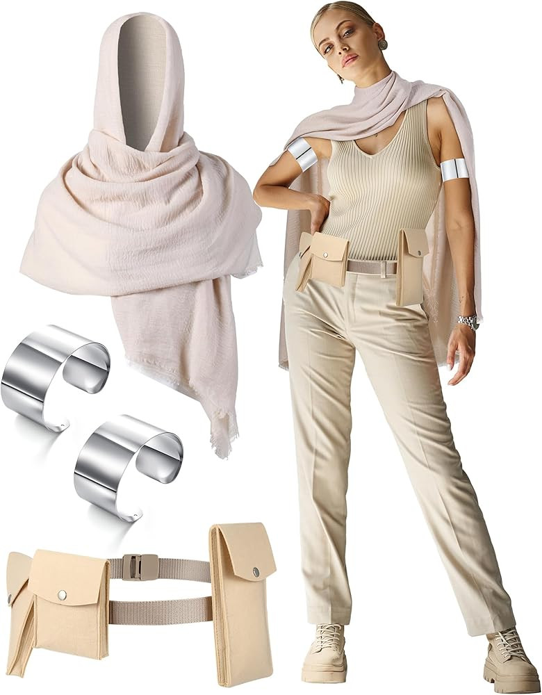 Coume 6 Pcs Halloween Costume Accessory Khaki Cream Shawl Scarf Belt 3 Pcs Felt Pocket Bag Silver... | Amazon (US)