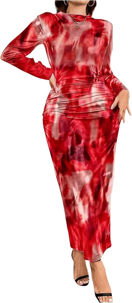Milumia Women's Plus Size Tie Dye Ruched Long Sleeve Maxi Dress Mock Neck Bodycon Long Party Club... | Amazon (US)