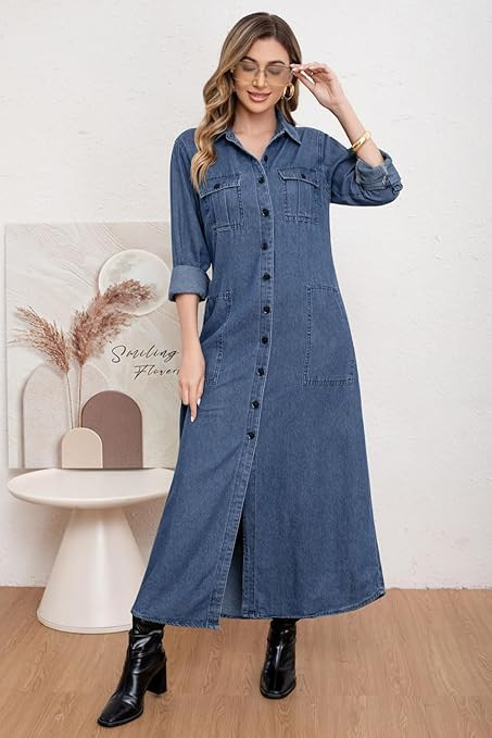 utcoco Womens Denim Shirt Dress Vintage Lapel Long Sleeve Casual Button Down Maxi Jean Dresses | Amazon (US)