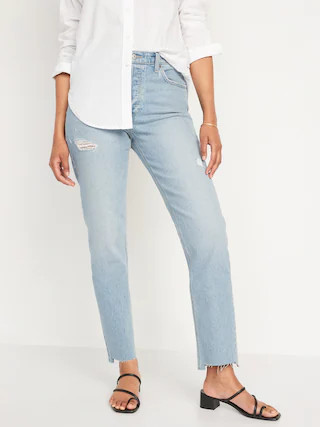 High-Waisted Button-Fly Slouchy Straight Ripped Cut-Off Jeans for Women | Old Navy (US)
