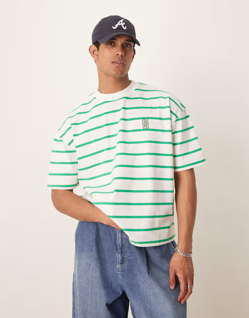 ASOS DESIGN boxy oversized t-shirt with logo embroidery in green and white stripe-Multi | ASOS (Global)