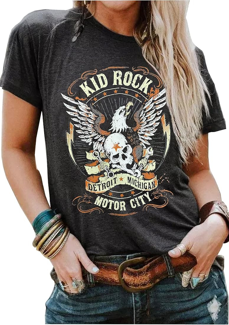 Kid Rock Skeleton Eagle T-Shirt for Women Vintage Rock Roll Music Shirts Concert Buddy Short Sleeve  | Amazon (US)
