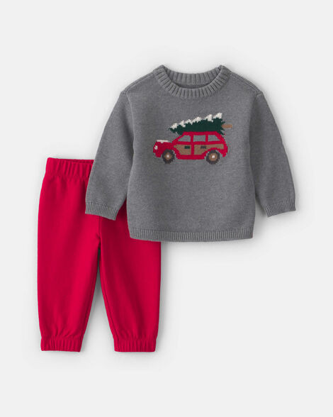 Baby Boy 2-Piece Christmas Tree Car Sweater & Pant Set - Grey/Red | Carter's | Carter's Inc