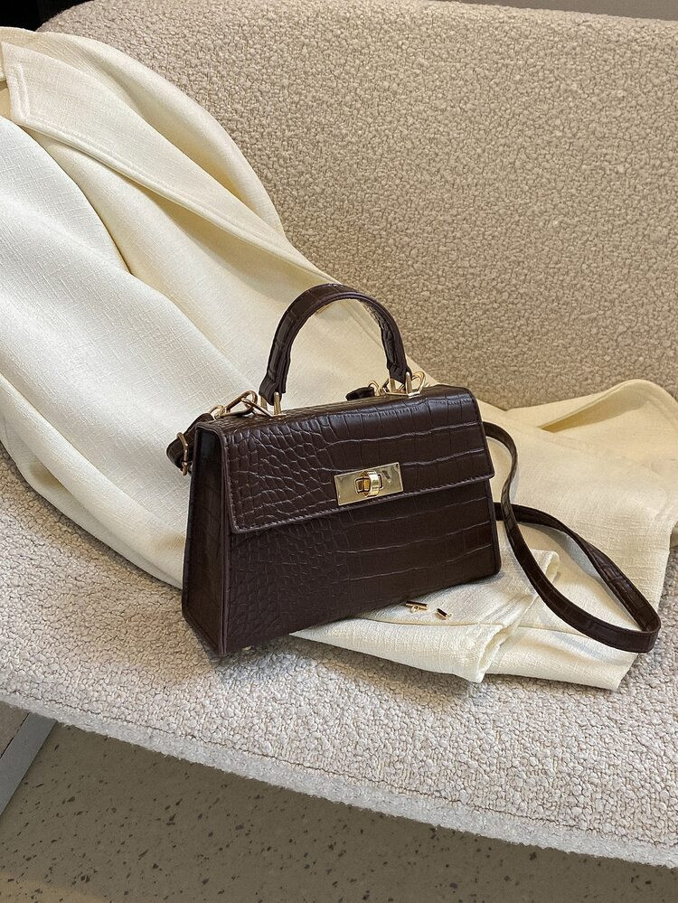 Mini Crocodile Embossed Twist Lock Flap Square Bag | SHEIN