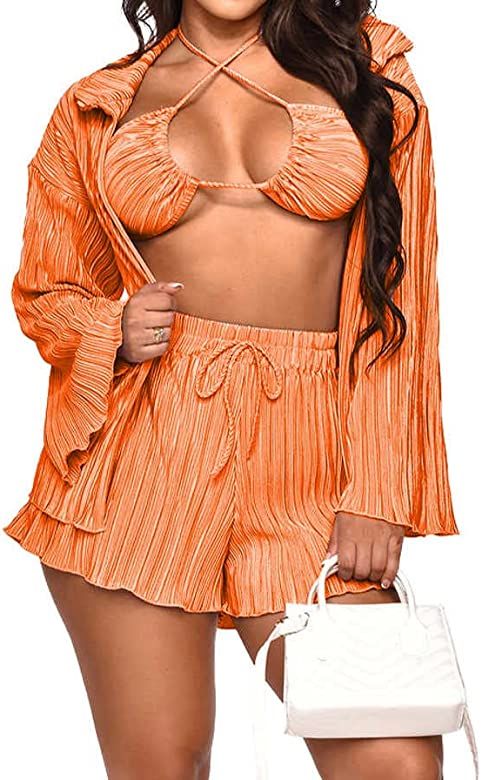 Qosmon 3 Piece Outfits For Women Candy Solid Color Bra And Wide Leg Pants With Cardigan Shirt Lon... | Amazon (US)