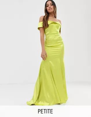 Dolly & Delicious Petite off shoulder fishtail maxi dress in neon lime | ASOS (Global)