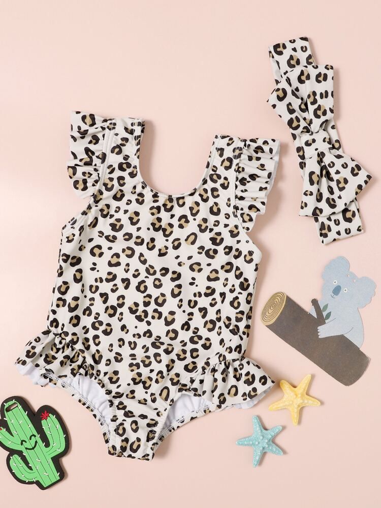 Baby Girl Leopard Ruffle One Piece Swimsuit & Headband | SHEIN