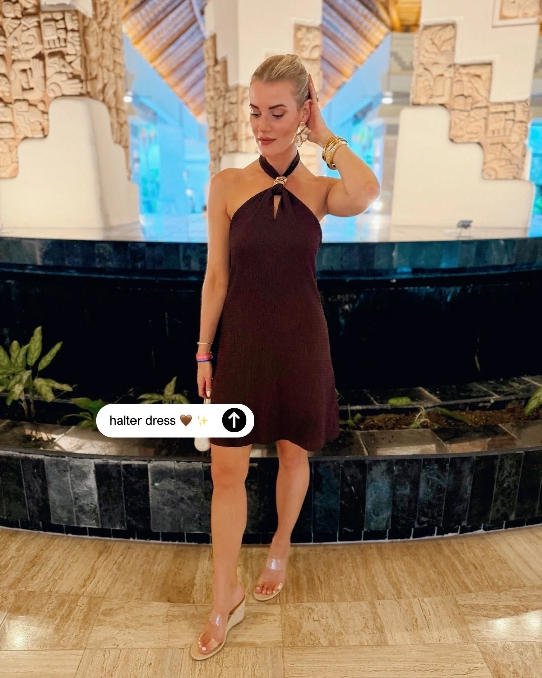 Beach vacation outfit idea – wearing a small in the brown halter dress with gold detail. Take 15% off with code CAS15. #cupshe @Cupshe 

#LTKootd #LTKSaleAlert #LTKSeasonal