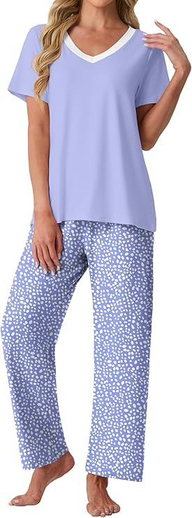 PrinStory Pajamas for Women Set Soft Pjs 2 Piece Pajama Sets Casual Pj Short Sleeve Lounge set wi... | Amazon (US)