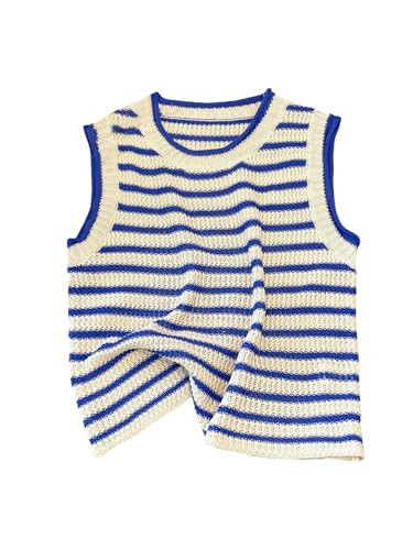 RoseSeek Women's Striped Crochet Knit Vest Crew Neck Sleeveless Tops Preppy Outfits | Amazon (US)